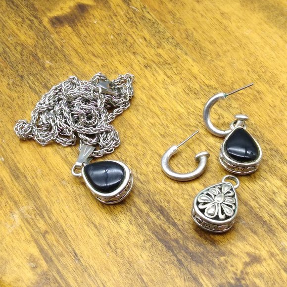 Vintage Reversible Teardrop Pendant and Hoop Earrings with Removeable Dangles - Picture 3 of 6